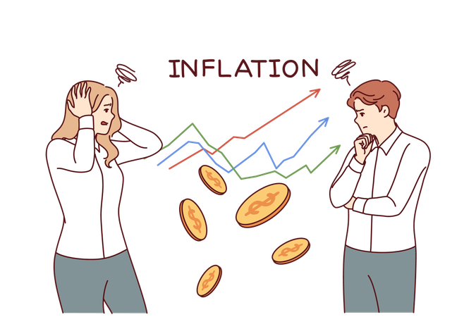 Gráfico de inflación cerca de empresarios que sufren de depreciación del dinero y necesitan subsidios  Ilustración