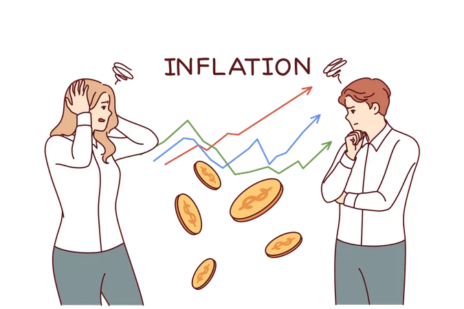 Gráfico de inflación cerca de empresarios que sufren de depreciación del dinero y necesitan subsidios  Ilustración