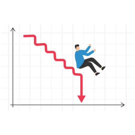 Tasa de crisis financiera del gráfico de ingresos decrecientes, desaceleración económica del gráfico de ingresos decrecientes, gestión de fondos de riesgo de inversión, empresarios o inversores caen desde la parte superior del gráfico  Ilustración