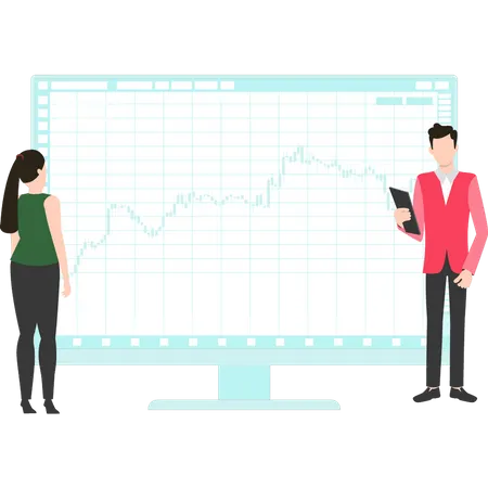 Menino e menina trabalhando no gráfico do mercado de ações  Ilustração