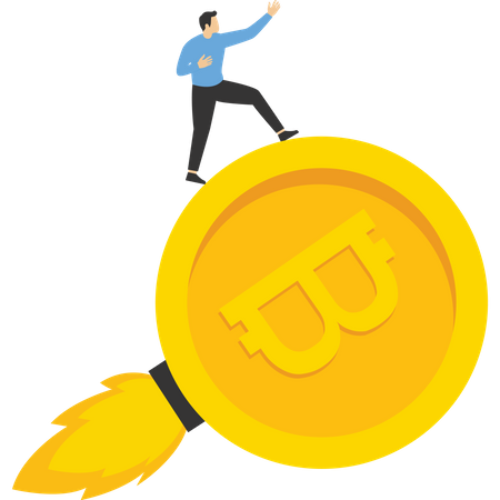 Gráfico de moeda criptográfica voando alto para a lua  Ilustração
