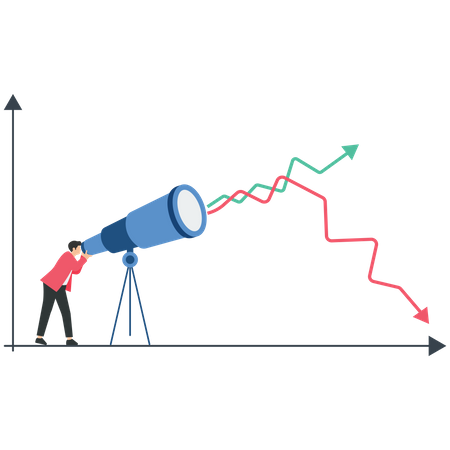 Hombre mirando el gráfico de crecimiento y pérdida del mercado  Ilustración