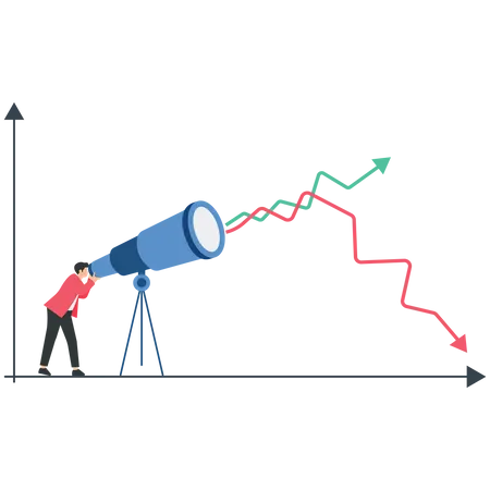 Hombre mirando el gráfico de crecimiento y pérdida del mercado  Ilustración