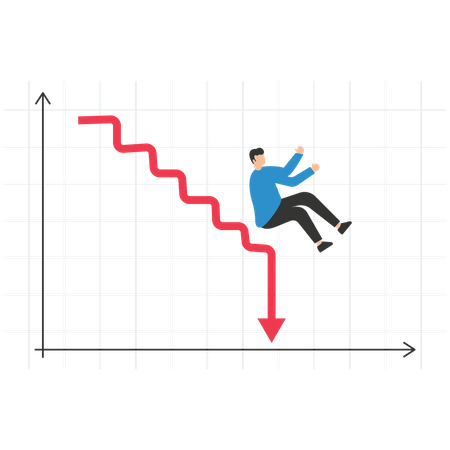 Taxa de crise financeira do gráfico de renda em declínio, desaceleração econômica do gráfico de renda em declínio, gestão de fundos de risco de investimento, empresários ou investidores caem do topo do gráfico  Ilustração