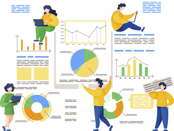 Equipo trabajando en un gráfico de datos empresariales  Ilustración