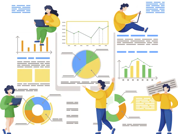 Equipo trabajando en un gráfico de datos empresariales  Ilustración