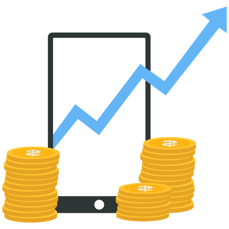 Gráfico do mercado de ações no celular e na pilha de moedas  Ilustração