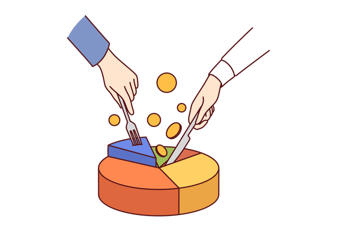 Cuadro estadístico y socios de manos dividiendo el pastel financiero tratando de extraer ingresos de los negocios  Ilustración