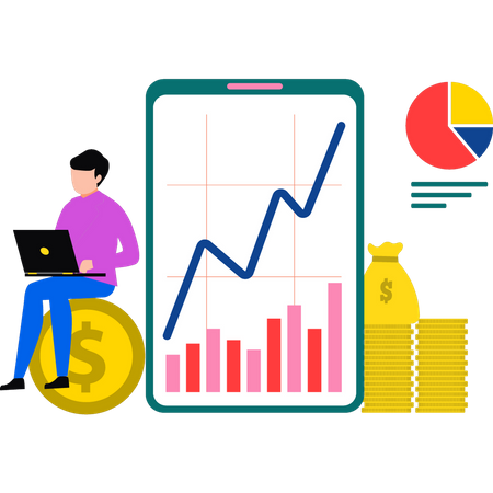 Homem trabalhando no gráfico do dólar  Ilustração