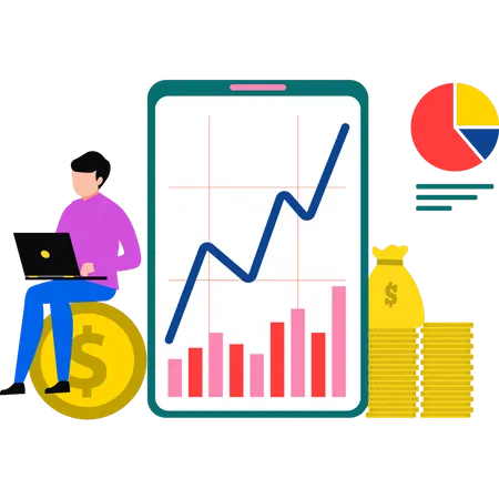 Homem trabalhando no gráfico do dólar  Ilustração