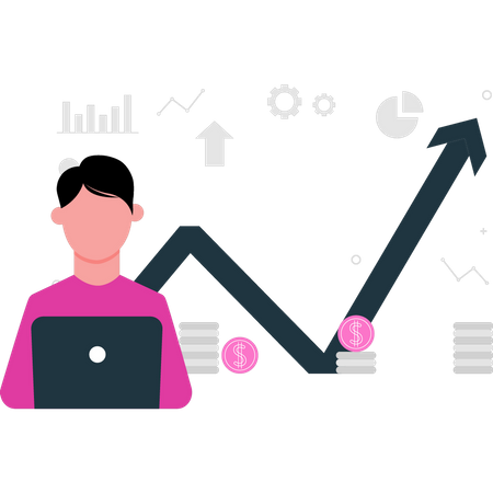 Homem trabalhando no gráfico do dólar  Ilustração