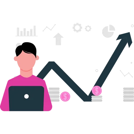 Homem trabalhando no gráfico do dólar  Ilustração