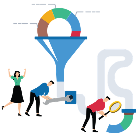 Gráficos circulares en un embudo  Ilustración