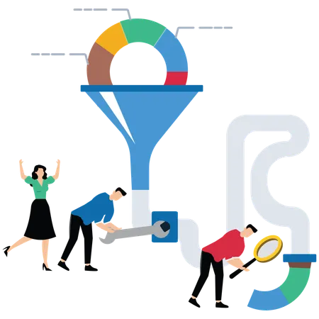 Gráficos circulares en un embudo  Ilustración