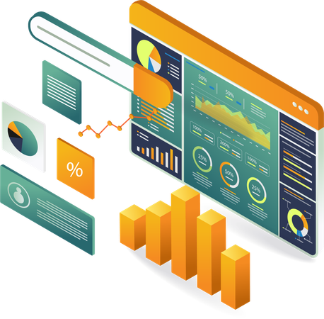 Gráficos y cuadros en la pantalla de la computadora para el análisis de datos.  Ilustración