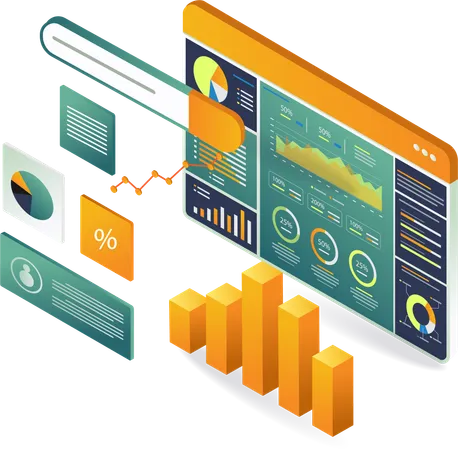 Gráficos y cuadros en la pantalla de la computadora para el análisis de datos.  Ilustración