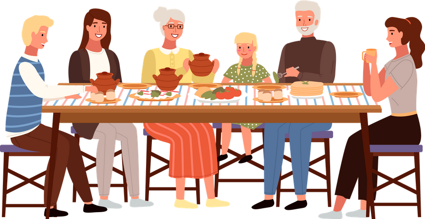 Gran familia comiendo comida ucraniana  Ilustración
