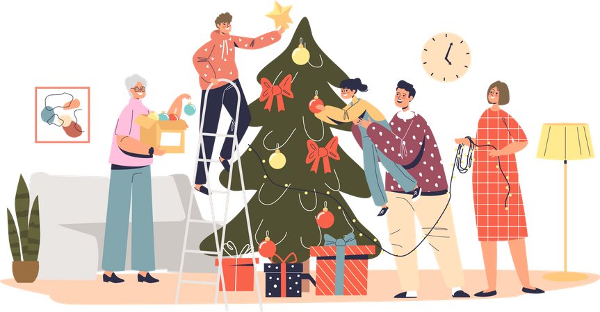 Gran familia decorando el árbol de Navidad juntos colgando bolas decorativas, guirnaldas y estrellas en pino abeto  Ilustración