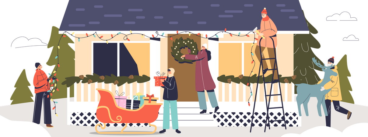 Gran familia decorando casa para Navidad con guirnaldas, coronas, renos y trineo de Papá Noel al aire libre  Ilustración