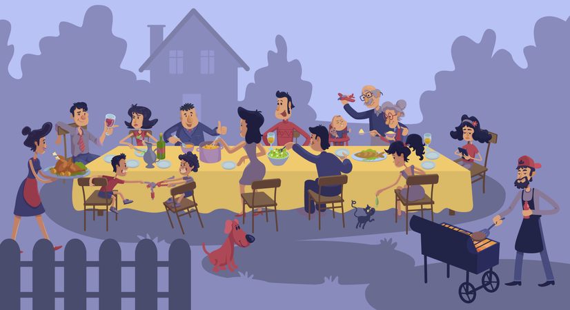 Gran reunión familiar en la mesa al aire libre  Ilustración