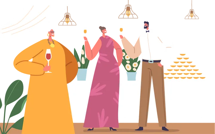 Grand Celebration Of Marriage Featuring An Array Of Food Elegant Decorations And Music Champagne Toasts And Joyful Guests Characters Dancing The Night Away Cartoon People Vector Illustration Illustration