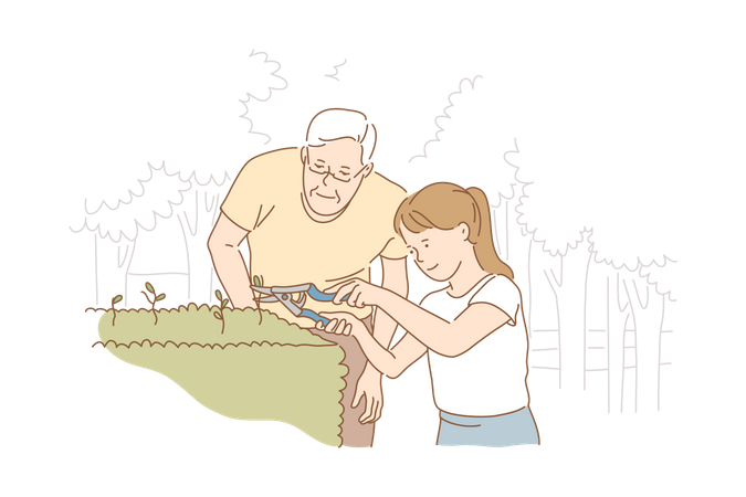 Grand father teaching plant cutting to grand daughter  Illustration