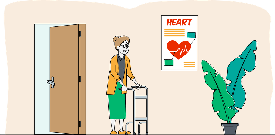 Grand-mère âgée se déplaçant avec l'aide d'un marcheur à roues avant dans une maison de retraite  Illustration
