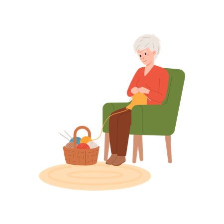 Grand-mère assise dans un fauteuil et tricotant  Illustration