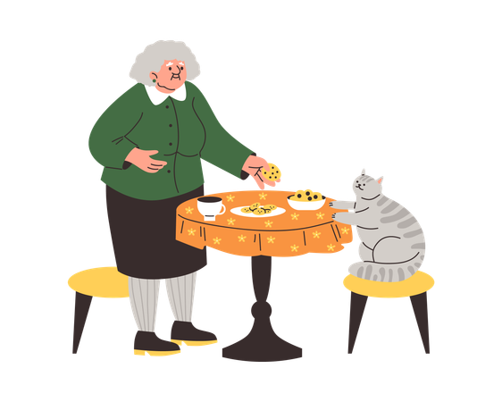 Grand-mère aux cheveux gris à la table ronde offrant des biscuits à son chat gris  Illustration