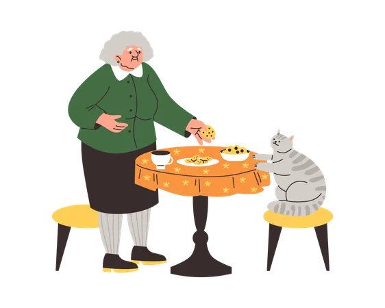 Grand-mère aux cheveux gris à la table ronde offrant des biscuits à son chat gris  Illustration