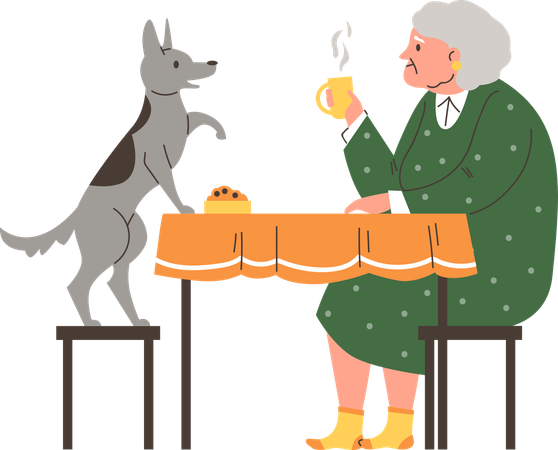 Grand-mère aux cheveux gris assise à table en train de boire du thé avec son chien gris  Illustration