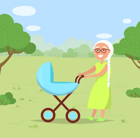 Grand-mère avec enfant en poussette dans le parc  Illustration