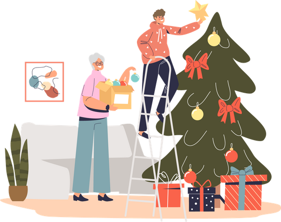 Grand-mère décorant l'arbre de Noël avec son petit-fils suspendu une étoile au sommet du pin  Illustration
