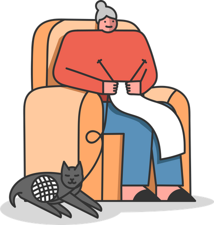 Grand-mère tricotant une écharpe assise sur un fauteuil  Illustration