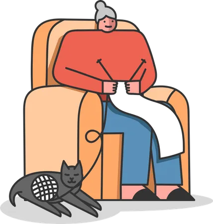 Grand-mère tricotant une écharpe assise sur un fauteuil  Illustration