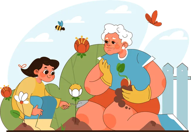 Grand-mère et enfant plantant des fleurs  Illustration