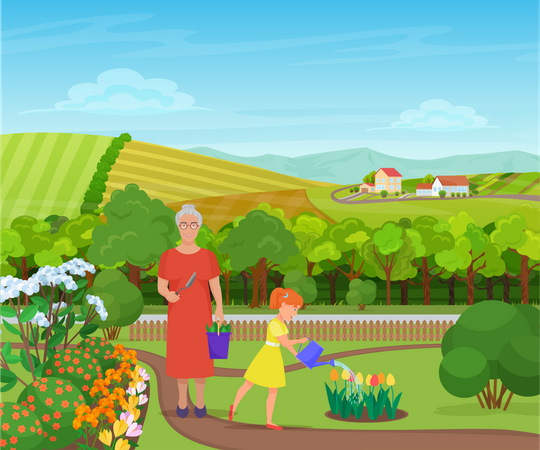 Grand mère et fille dans le parc  Illustration