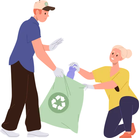 Grand-mère et petit-fils adolescent ramassant des déchets plastiques dans un sac écologique  Illustration
