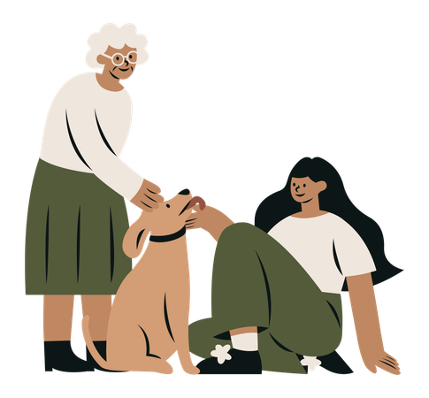 Grand-mère et petite-fille avec chien  Illustration