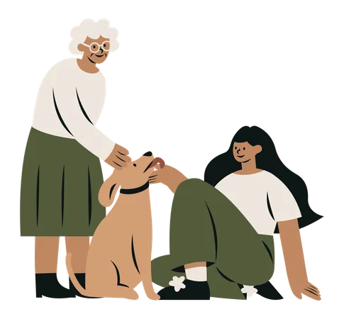 Grand-mère et petite-fille avec chien  Illustration