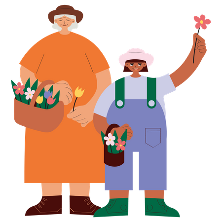 Grand-mère et petite-fille avec panier de fleurs  Illustration