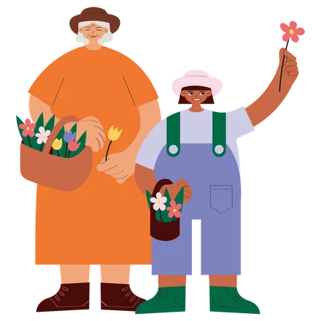 Grand-mère et petite-fille avec panier de fleurs  Illustration