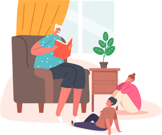 Grand-mère lisant un livre aux petits-enfants  Illustration