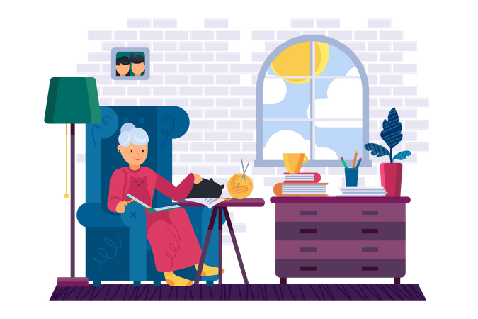 Grand-mère lisant un livre intéressant à la maison  Illustration