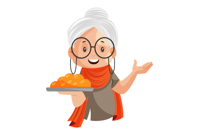 Grand-mère tient une assiette sucrée Laddu à la main  Illustration