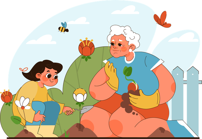 Grand mother and kid planting flower plant  Illustration