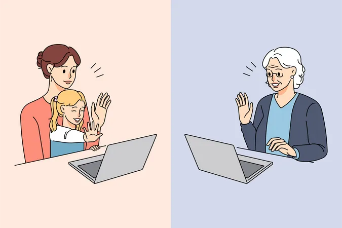 Grand mother talking on video call with grand daughter  Illustration