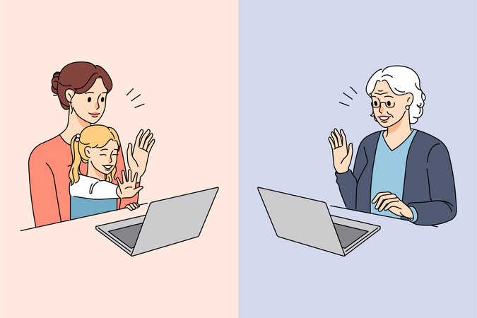 Grand mother talking on video call with grand daughter Illustration