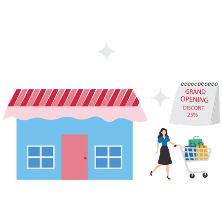 Grand opening or new product launch, women run while pushing shopping cart towards newly opened shops to get discounts  Illustration