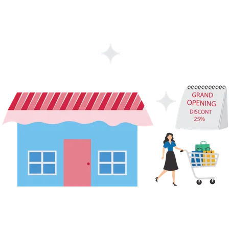 Grand opening or new product launch, women run while pushing shopping cart towards newly opened shops to get discounts  Illustration